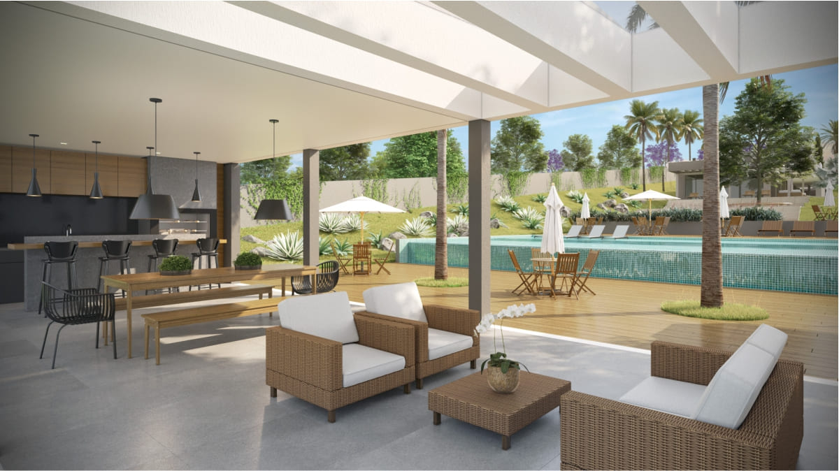 Espaço gourmet integrado com piscinas